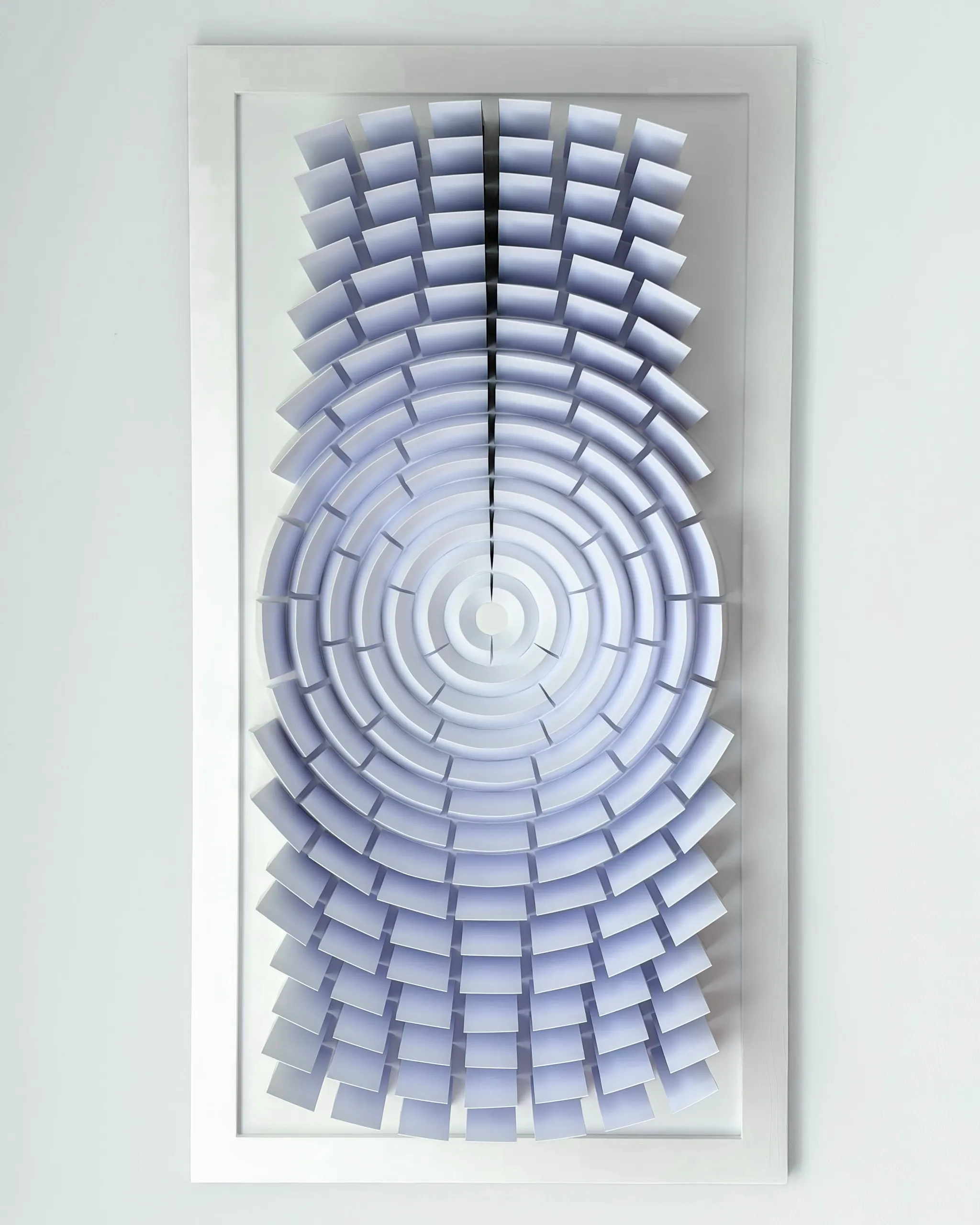 No. 22 – Primorbis – The work in its white frame on a pale wall, the rings growing outward from a small disc at the centre