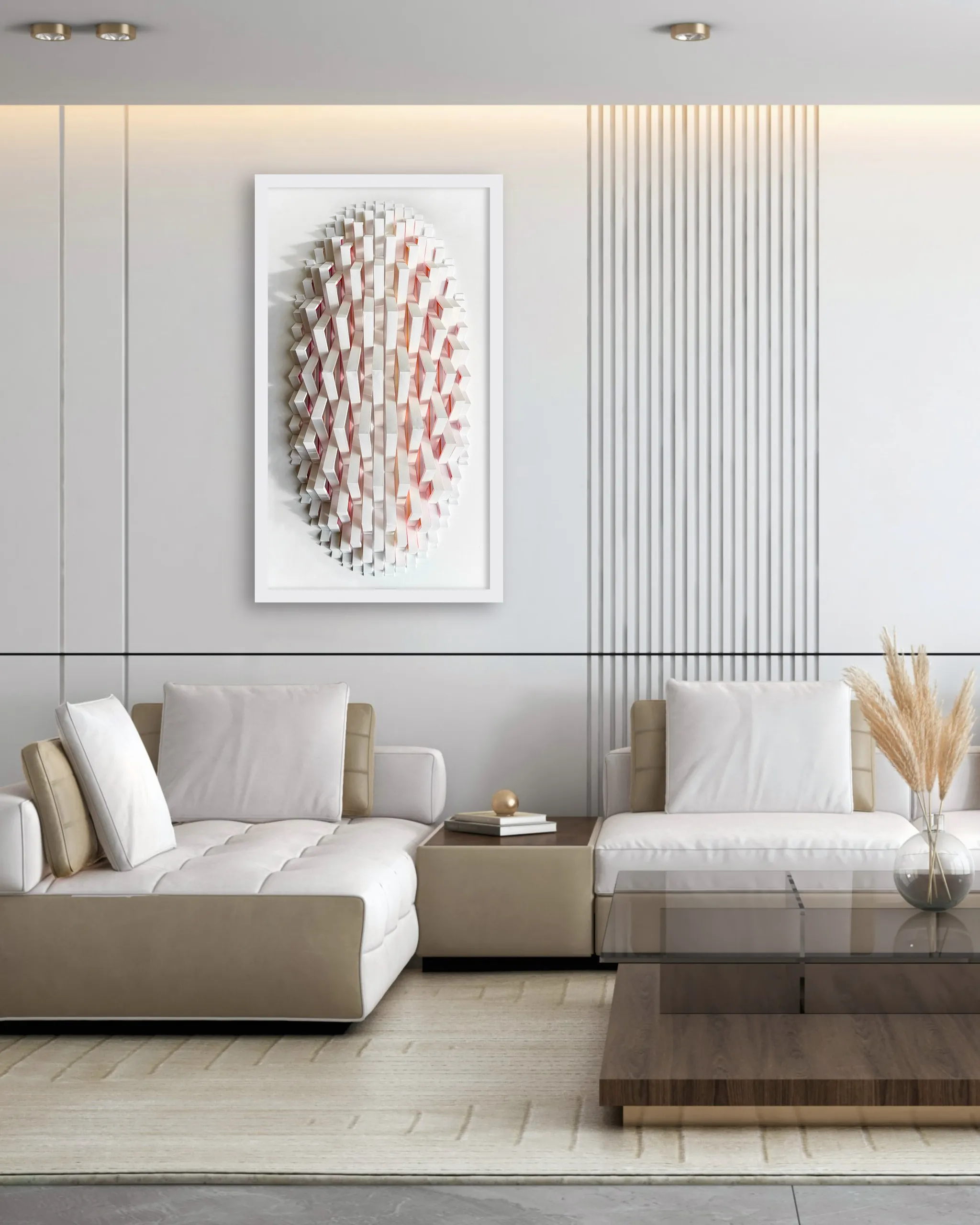 No. 24 – Triangula – The framed work hung upright above a pale sofa in a living room with a slatted wall