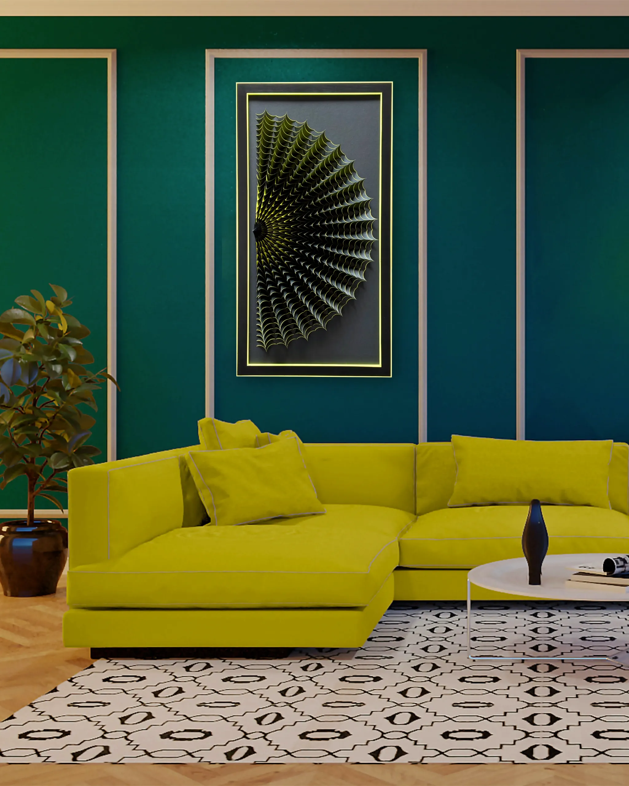 No. 23 – Expina – The framed work on a dark green wall above a yellow-green sofa