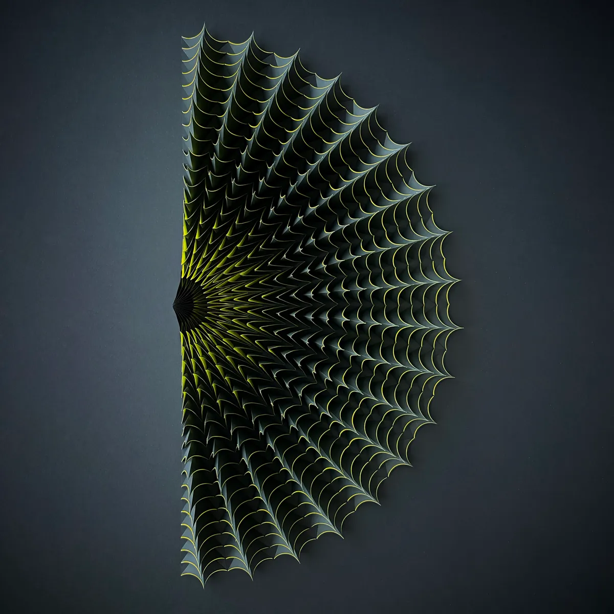 The whole work head-on, a half-round fan of black shells with the yellow undersides showing between them