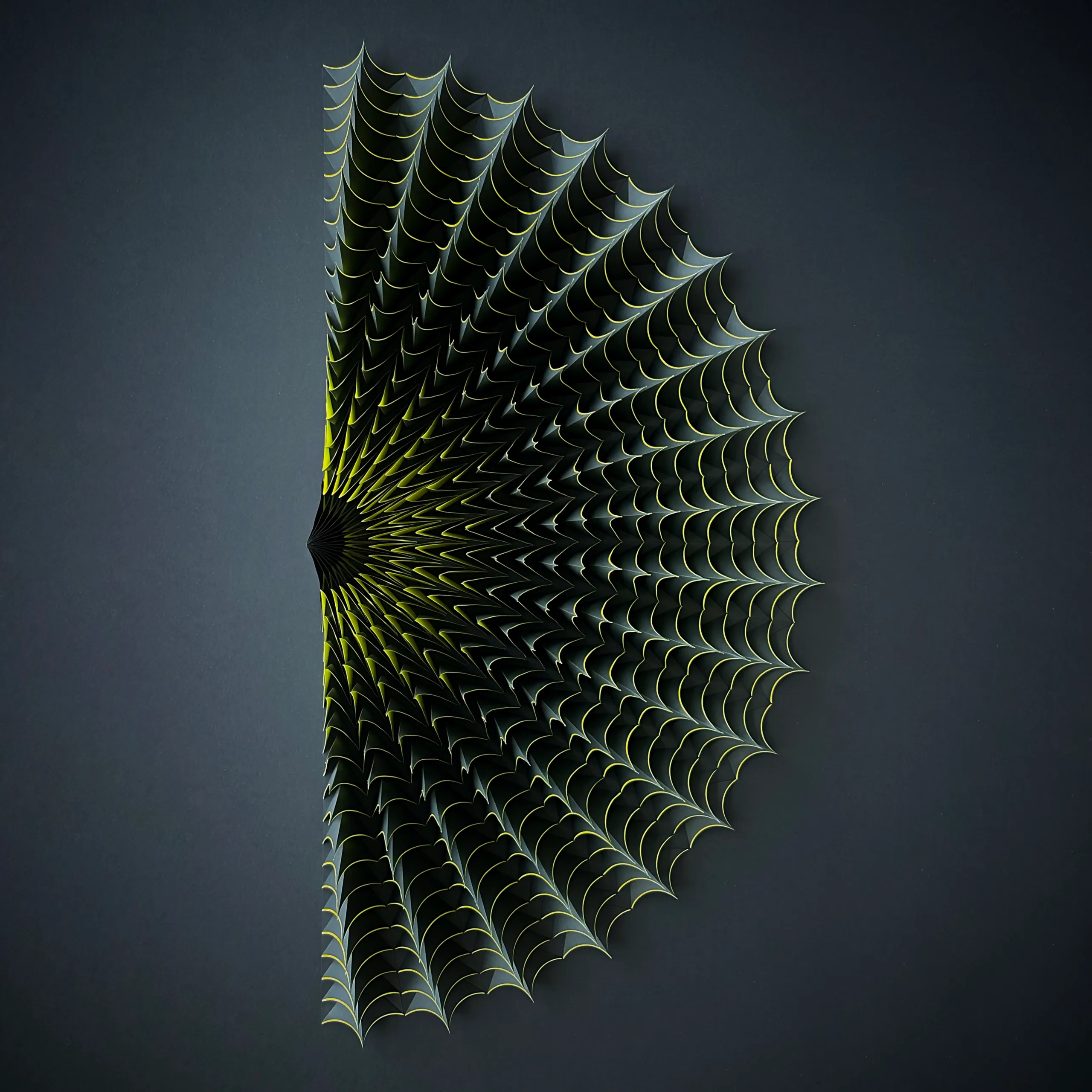 The whole work head-on, a half-round fan of black shells with the yellow undersides showing between them