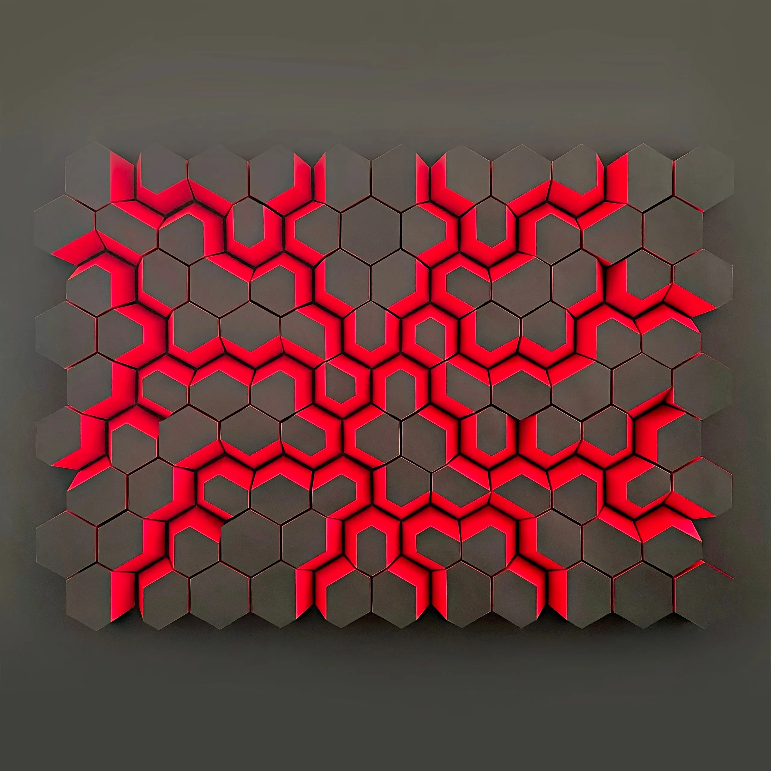 The whole work head-on, a grey hexagon grid with bright red channels running through it like nerve paths
