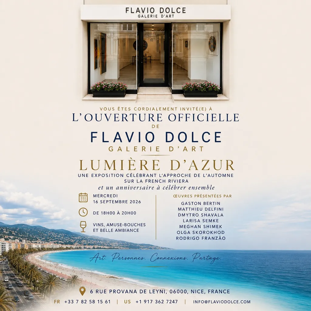 Lumière d’Azur – The invitation to the opening reception with the shop front of the gallery, the date and the names of the seven exhibiting artists